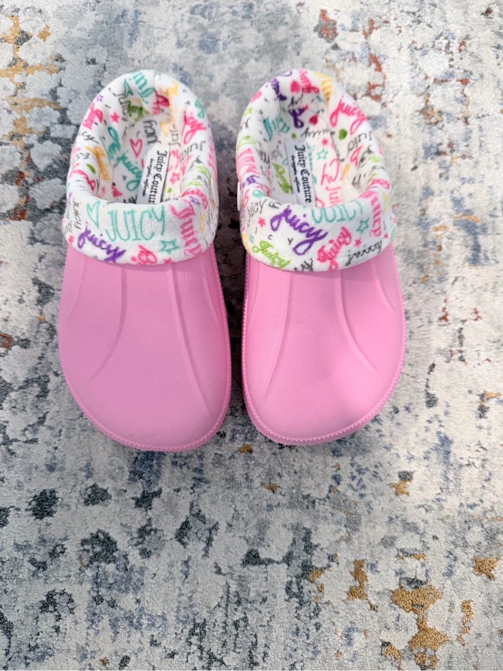 Juicy Couture Girls Pink Slip-On Cozy Mules with Multicolor Logo Lining